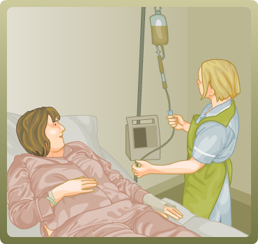 Grafik af sygeplejerske, der tjekker patients infusionspumpe