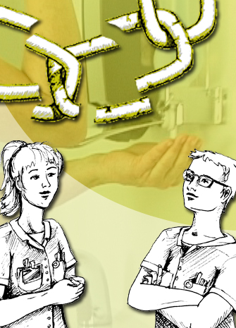 Tegning af to sygeplejersker, der taler sammen